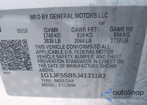 2018 Chevrolet Sonic Premier Auto из США, поврежденный, VIN 1G1JF5SB5J4131183